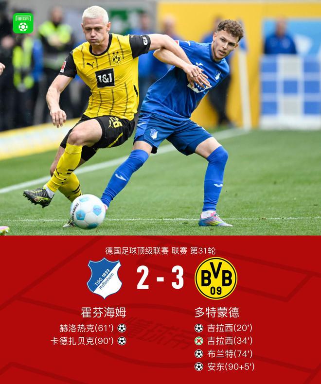 劍南春勝多特，布蘭特建功，吉拉西傳射，安東絕殺3-2霍芬海姆。